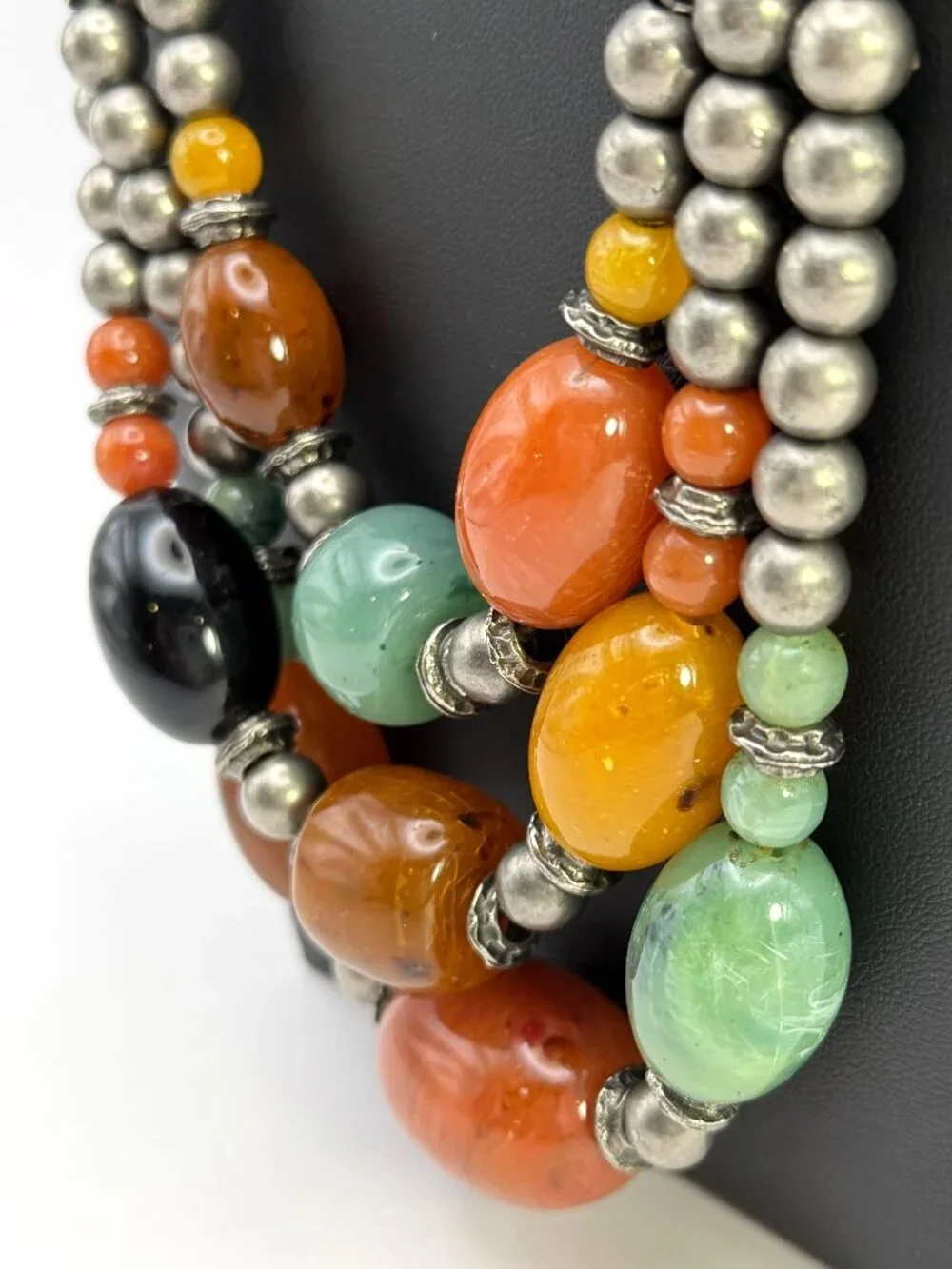 Vintage Chunky Resin Bead Necklace Multi Strand Orange Green Silver Tone 124g